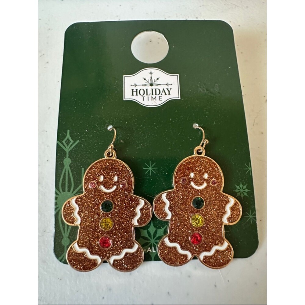 Holiday Time Brown Glitter Gingerbread Man Dangle Earrings with Colorful Accents